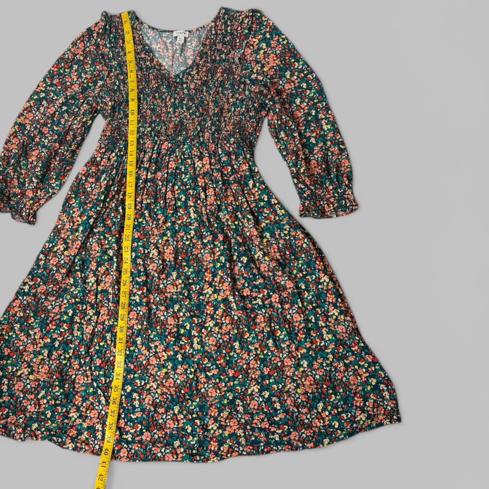 J. Crew V-Neck Smocked Green Floral Midi Dress - Picture 9 of 11